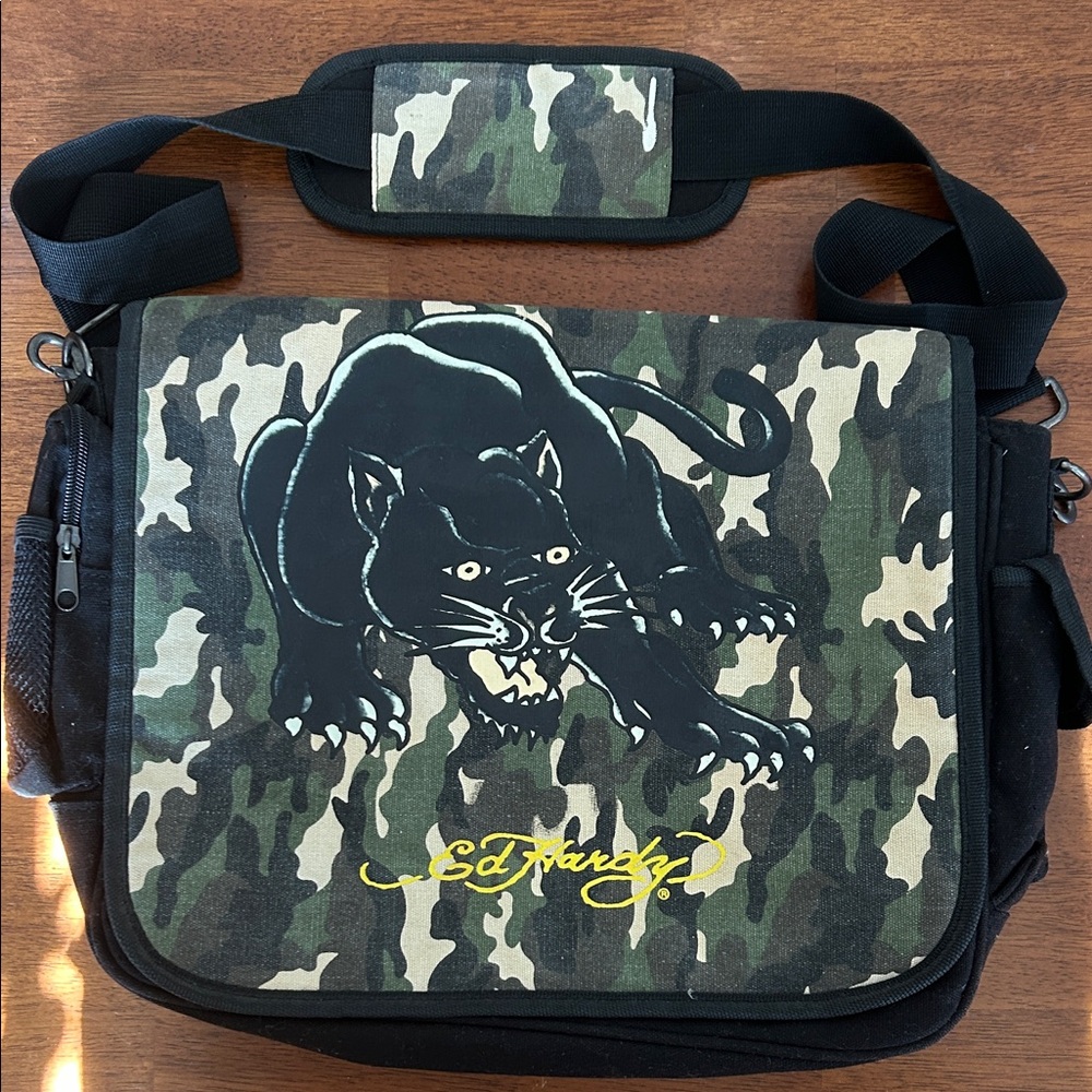 Ed Hardy Leo Messenger Green Black Panther Camouflage Bag Unisex
